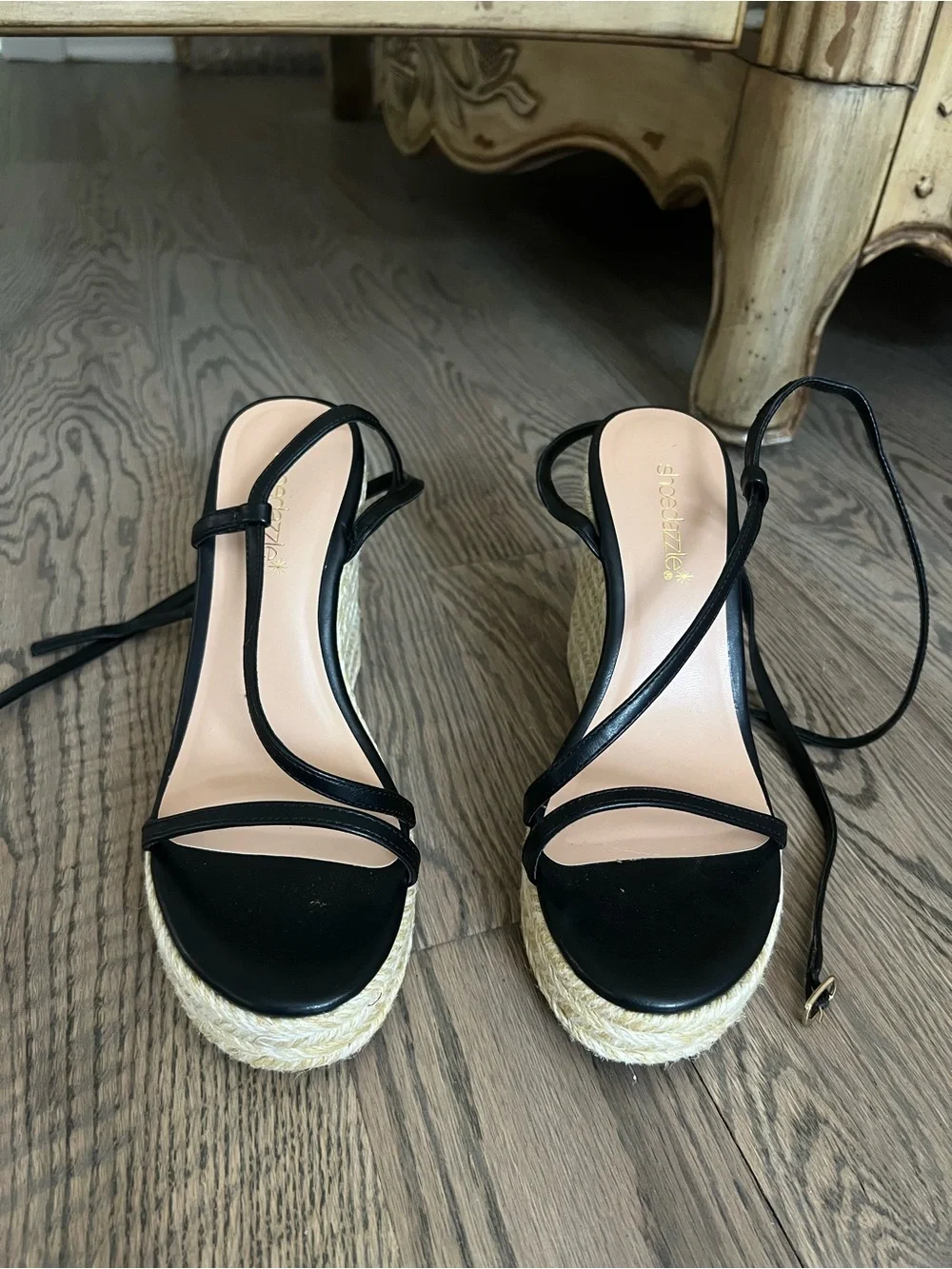 Shoe Dazzle Black Strappy Espadrille Wedge Sandals
